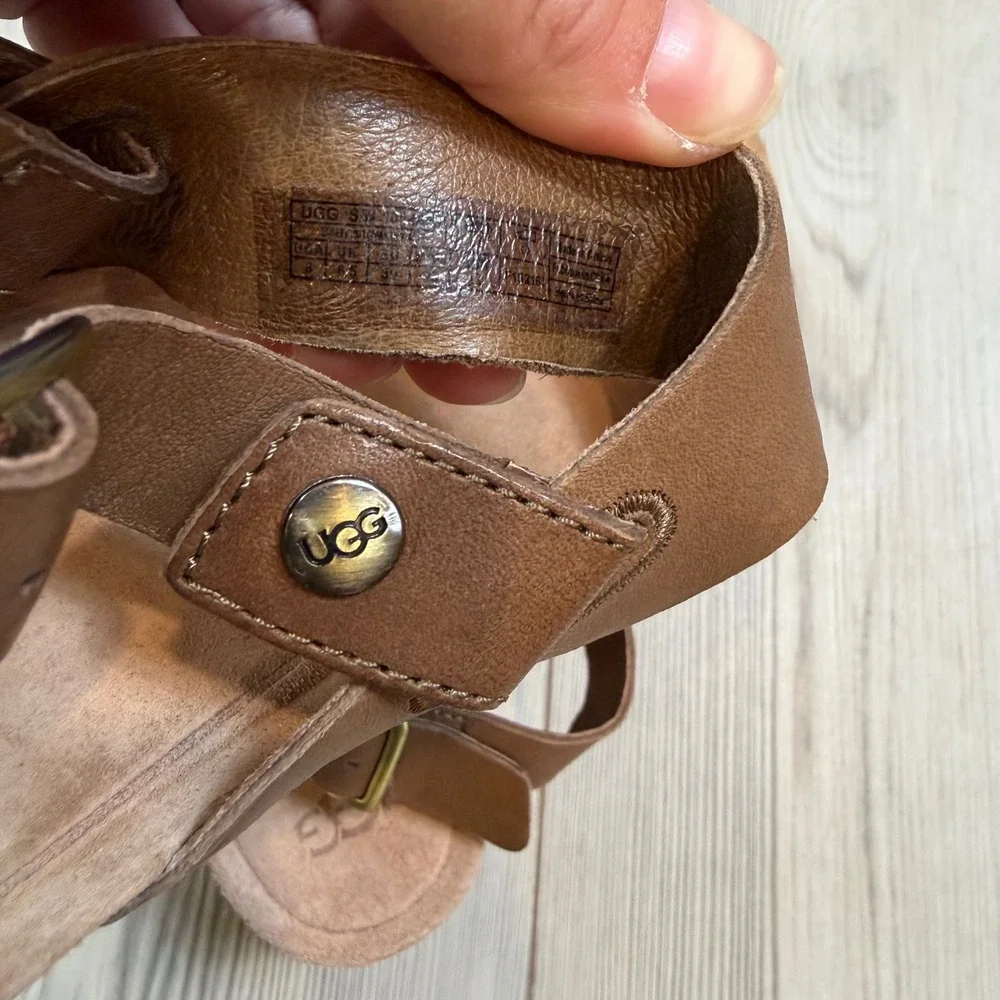 UGG Serinda Brown Leather Metallic Braid Cork Wedge Sandals 1010167 Womens 8